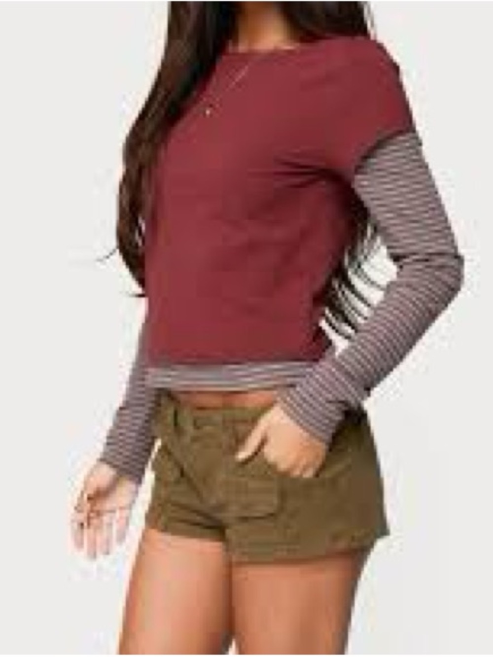 Edikted Burgundy Layered-Look Long Sleeve Top with Striped Sleeves